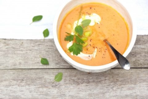carrot and leek soup, scallions, creme fraiche