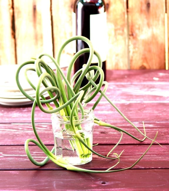 A bunch of garlic scapes in a jar filled with water