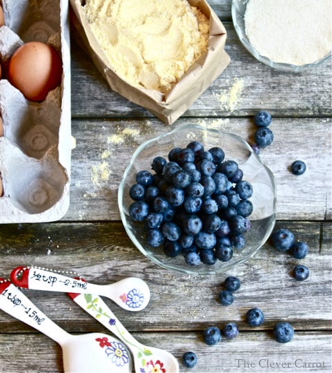 Blueberry cornmeal muffin ingredients: blueberries, cornmeal, eggs, flour