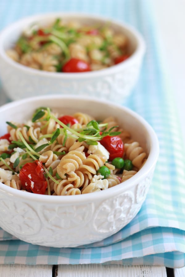 whole wheat pasta salad with feta + pea shoots