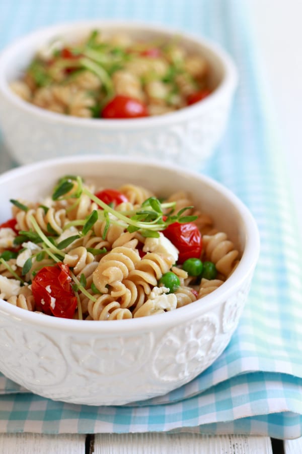 whole wheat pasta salad with feta + pea shoots | The Clever Carrot