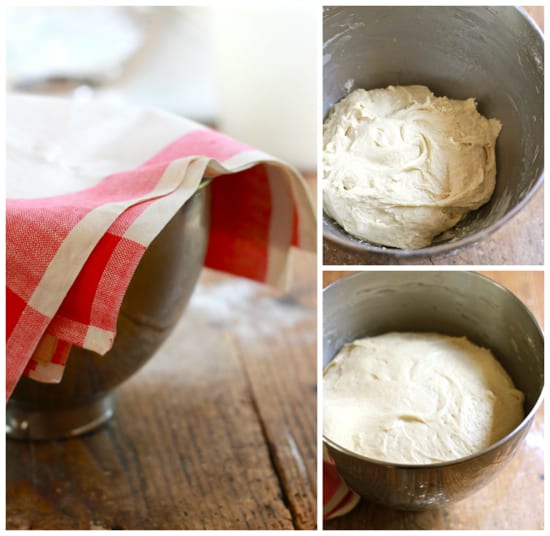 Brioche dough in a stand mixer bowl with a red and white towel