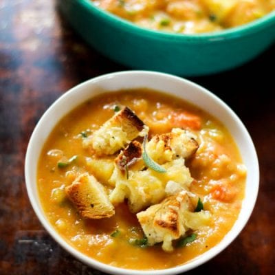 chunky root vegetable soup with gruyère + herb croutons