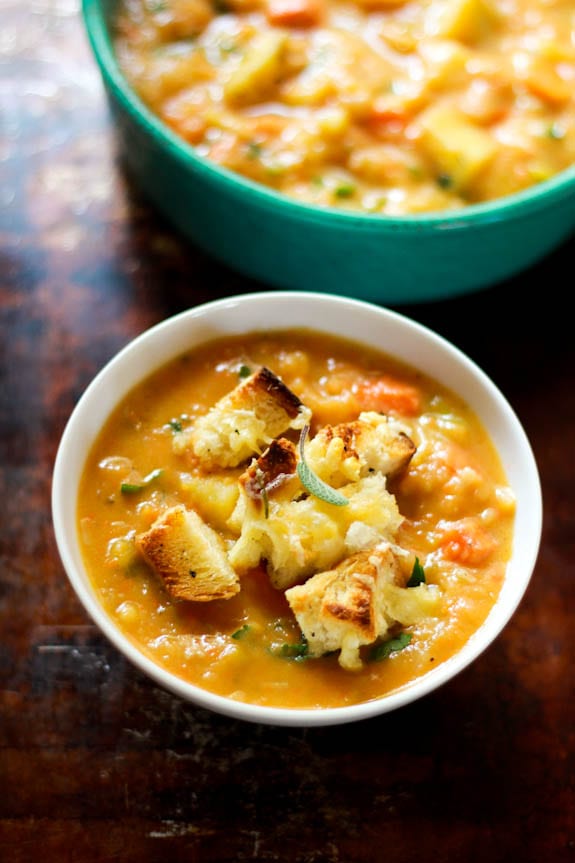 chunky root vegetable soup with gruyère + herb croutons | The Clever Carrot