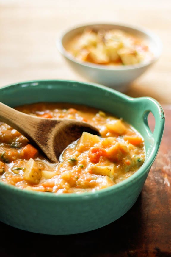 chunky root vegetable soup with gruyère + herb croutons | The Clever Carrot