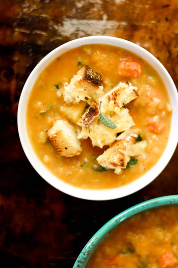 chunky root vegetable soup with gruyère + herb croutons | The Clever Carrot