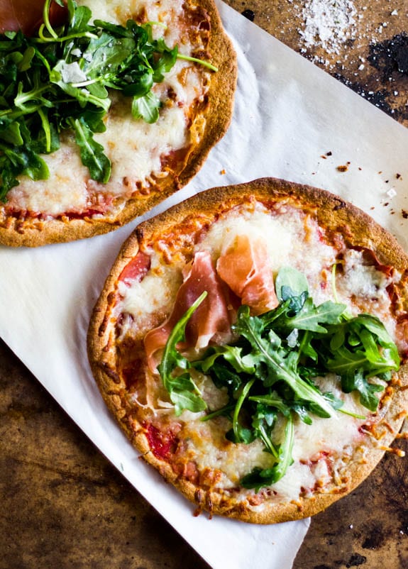 whole wheat tortilla pizzas with arugula + prosciutto