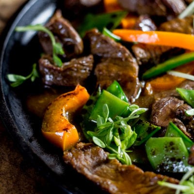 beef stir-fry with peppers + pea shoots