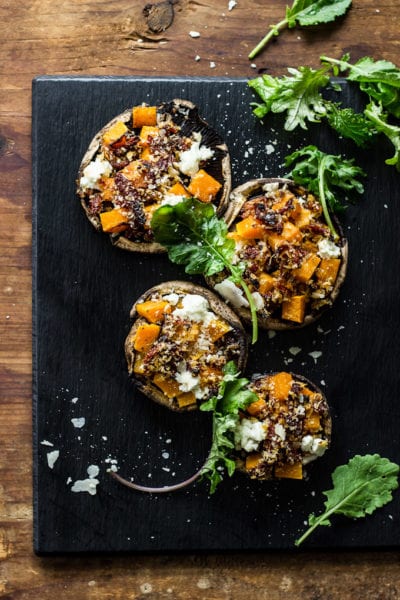 butternut squash stuffed mushrooms with goat cheese + balsamic glaze | theclevercarrot.com