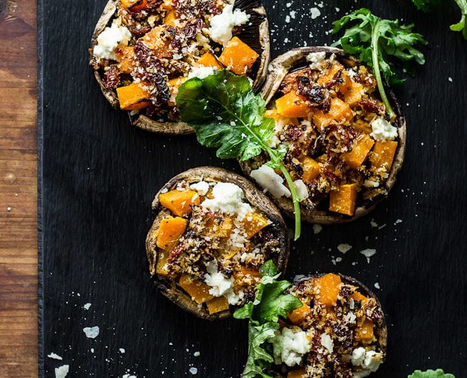 butternut squash stuffed mushrooms with goat cheese + balsamic glaze | theclevercarrot.com