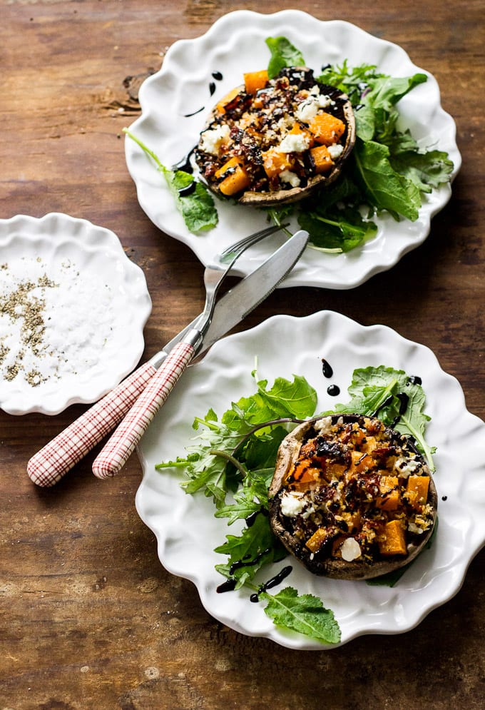 butternut squash stuffed mushrooms with goat cheese + balsamic glaze | theclevercarrot.com