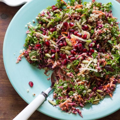 healthy kale and quinoa salad with ginger-curry vinaigrette