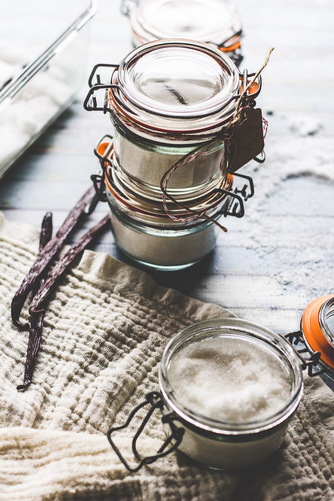 Jars of vanilla sugar with vanilla beans | theclevercarrot.com