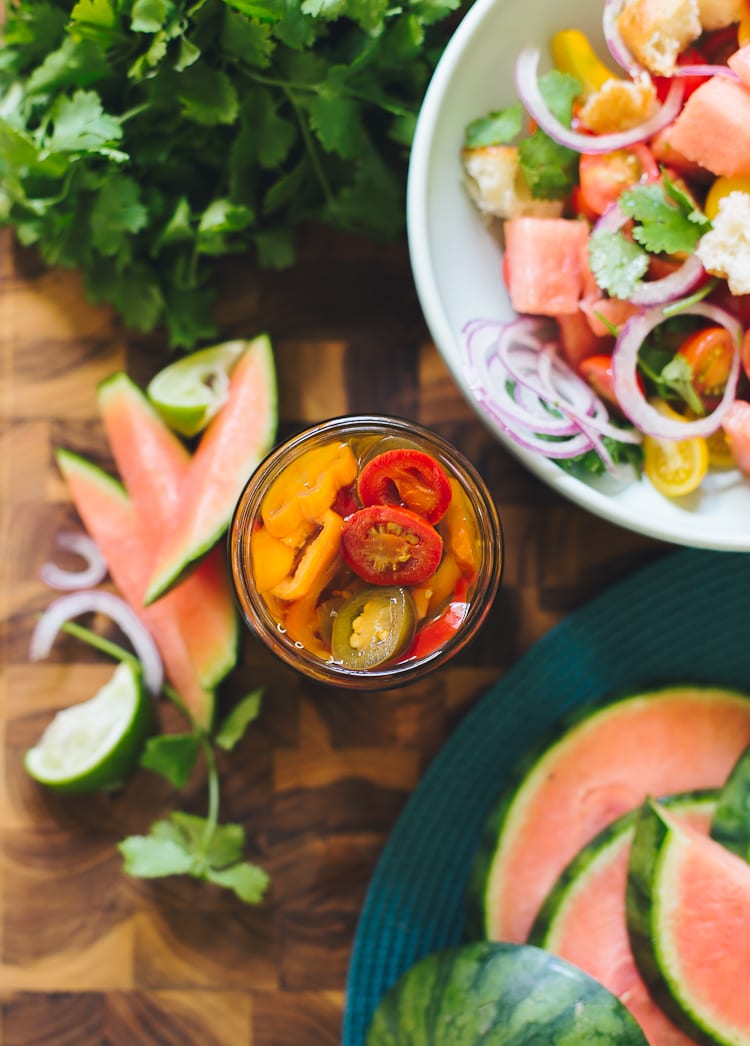 Homegrown Watermelon Salad with Tomatoes, Pickled Jalapenos + Feta | theclevercarrot.com