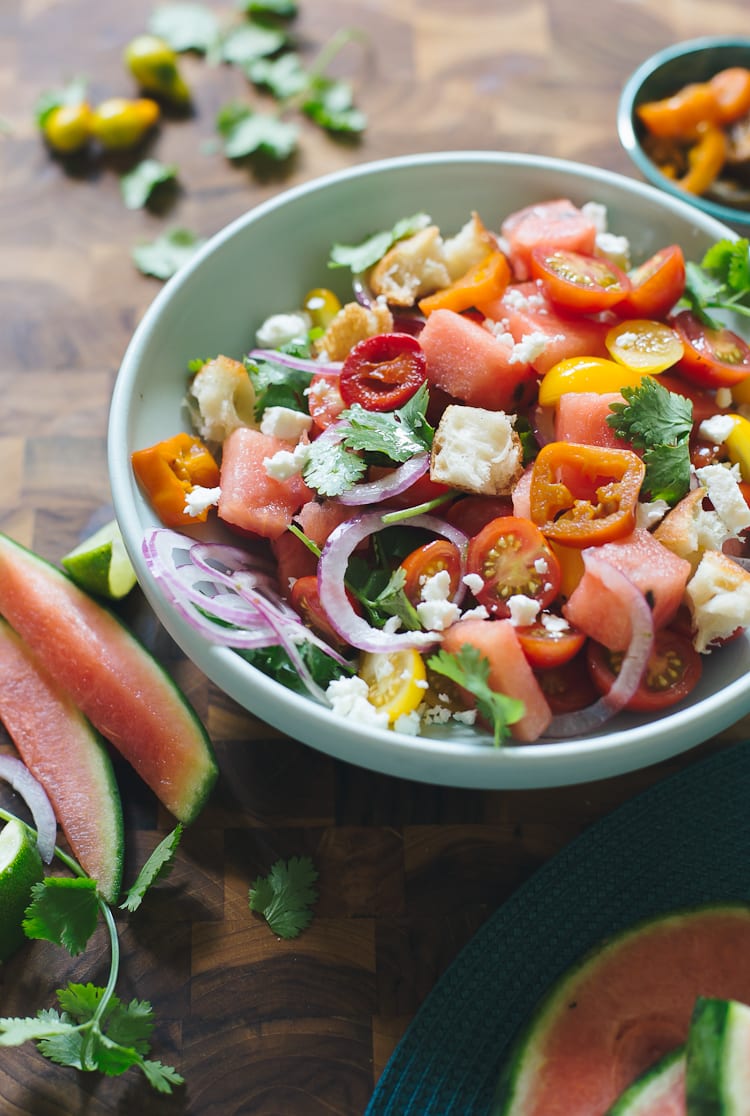 Homegrown Watermelon Salad with Tomatoes, Pickled Jalapenos + Feta | theclevercarrot.com