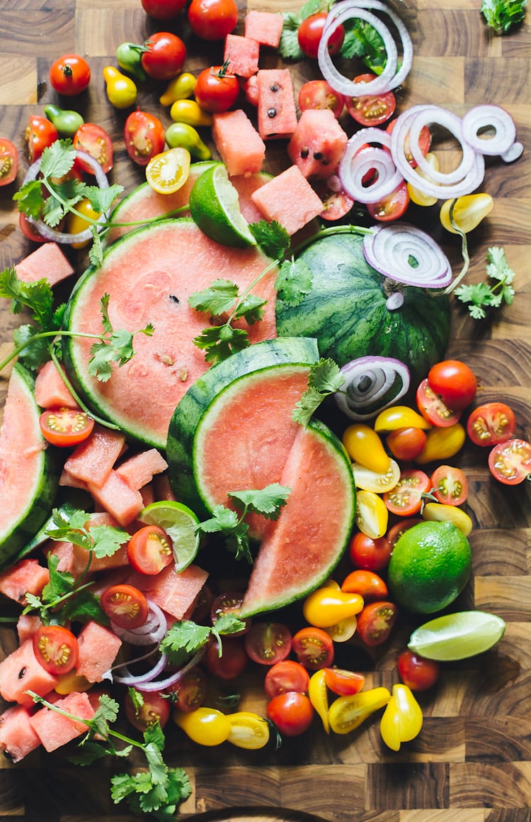 Homegrown Watermelon Salad with Tomatoes, Pickled Jalapenos + Feta | theclevercarrot.com