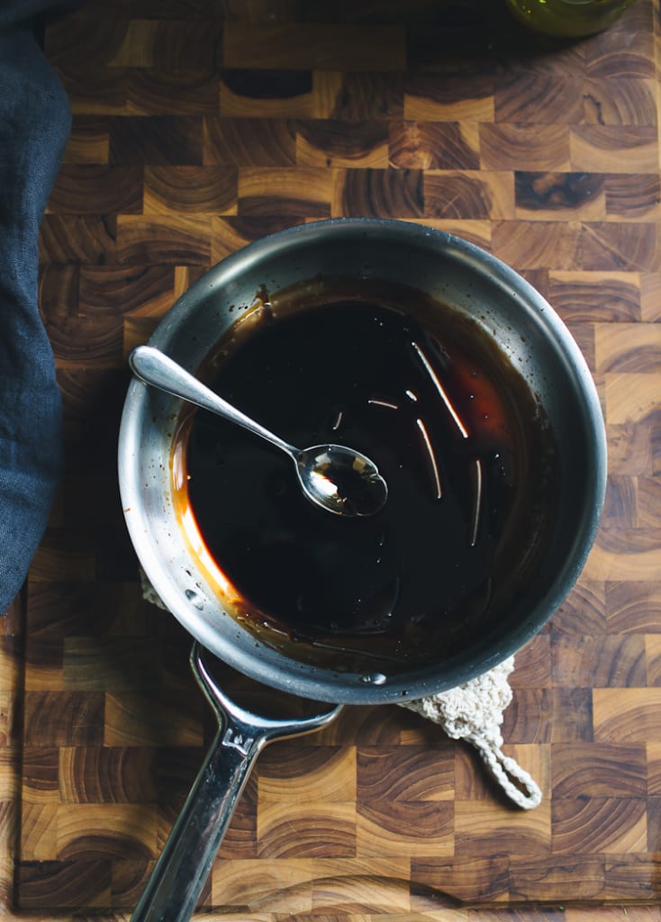 Pan of thick balsamic syrup