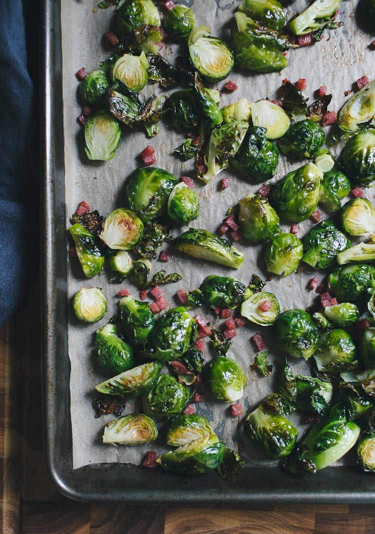 Roasted Brussels sprouts with crispy cubes of pancetta