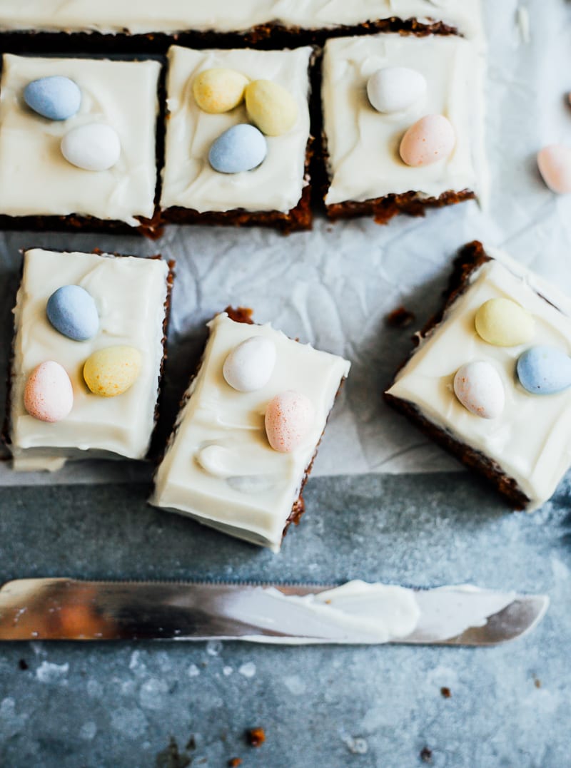 Sourdough carrot cake squares with chocolate eggs
