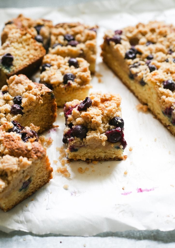 Sourdough Blueberry Crumb Cake Squares on parchment.