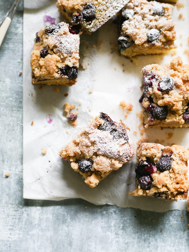 Square of Sourdough Blueberry Crumb Cake with Powdered Sugar