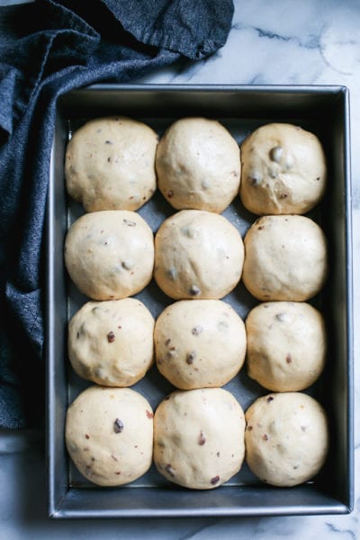 Tray of sourdough hot cross buns (second rise)