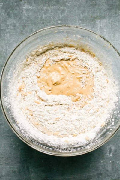 Dry ingredients (flour, baking soda & salt) added to creamed sugar and banana mixture