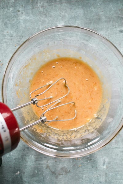 Creamed brown sugar, bananas, eggs and vanilla in a large glass mixing bowl