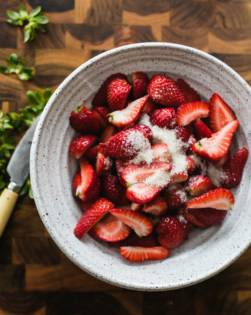 Bowl of strawberries with sugar