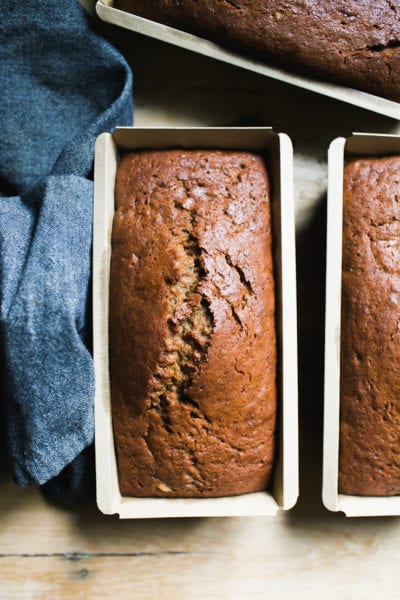 Baked sourdough zucchini bread in a loaf pan