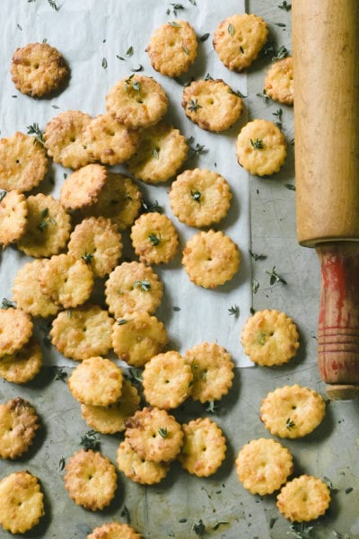 Tray of puffed sourdough crackers with gruyere and thyme