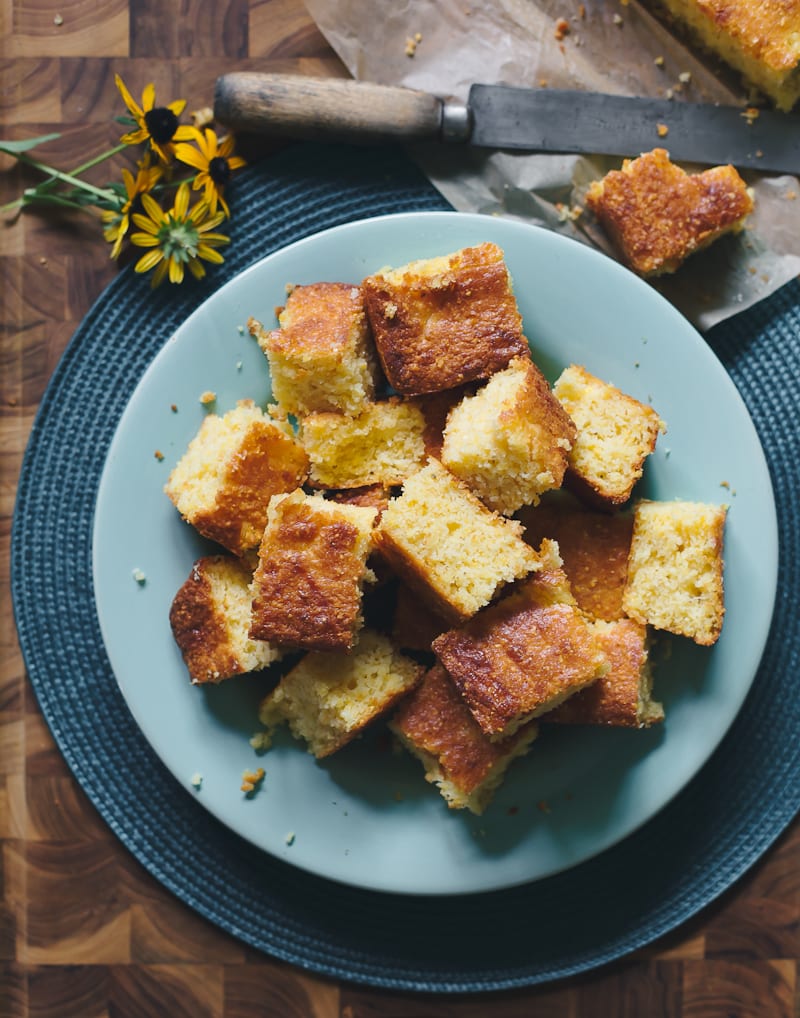 Plate of sourdough cornbread squares