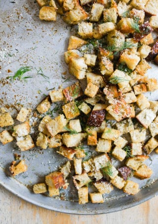 Homemade sourdough bread croutons on a sheetpan