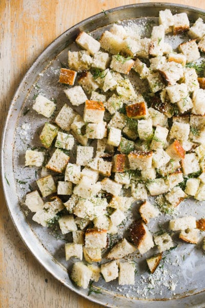 Sourdough bread cubes with dill and parmesan cheese