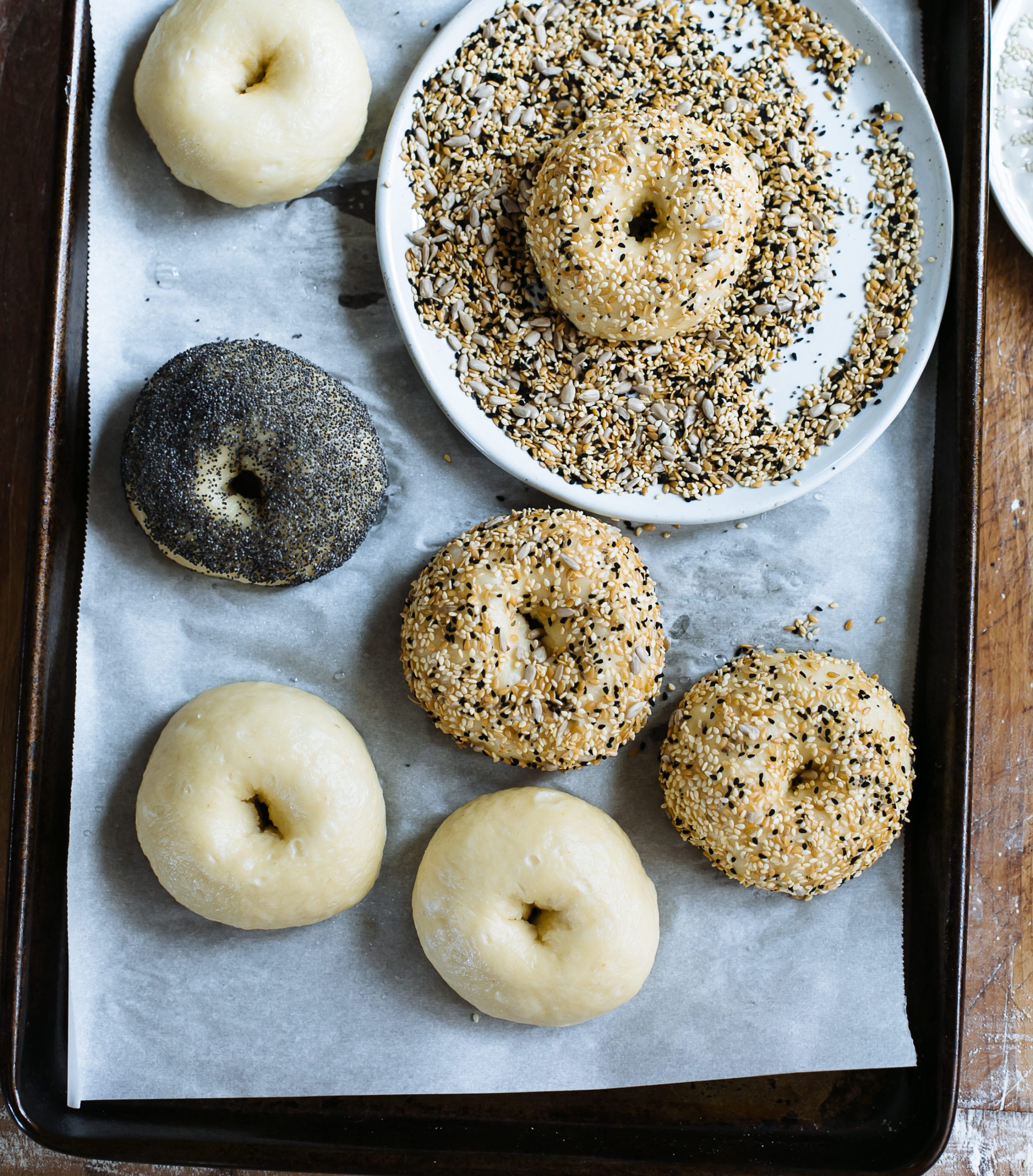 Sourdough bagels with everything bagel seasoning in a bowl for dipping.