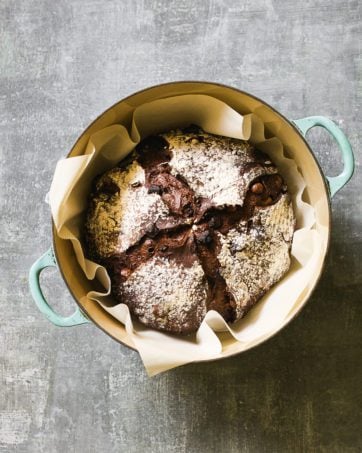 Chocolate sourdough bread in a Dutch oven