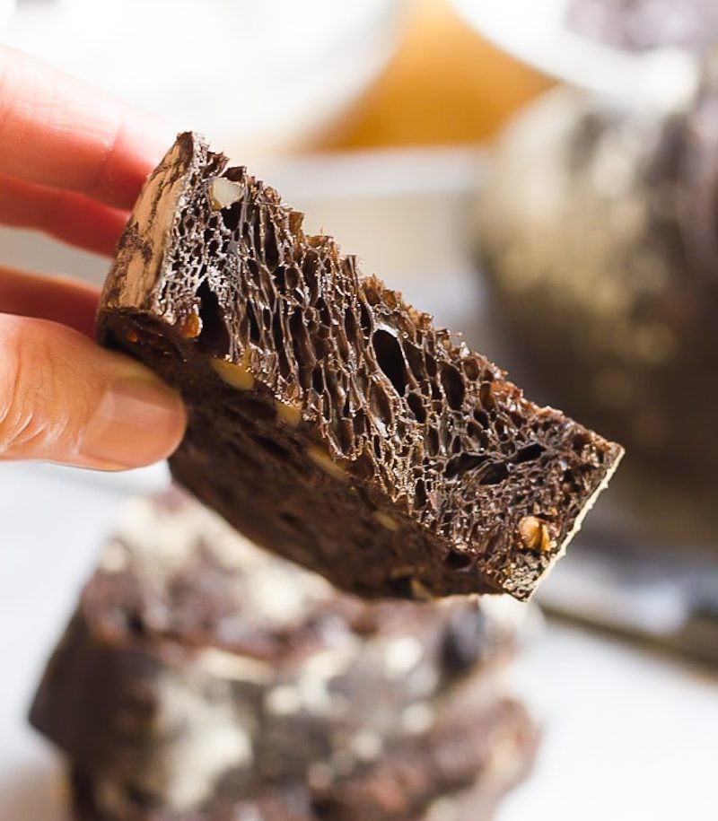 Close up interior crumb of chocolate sourdough bread slice