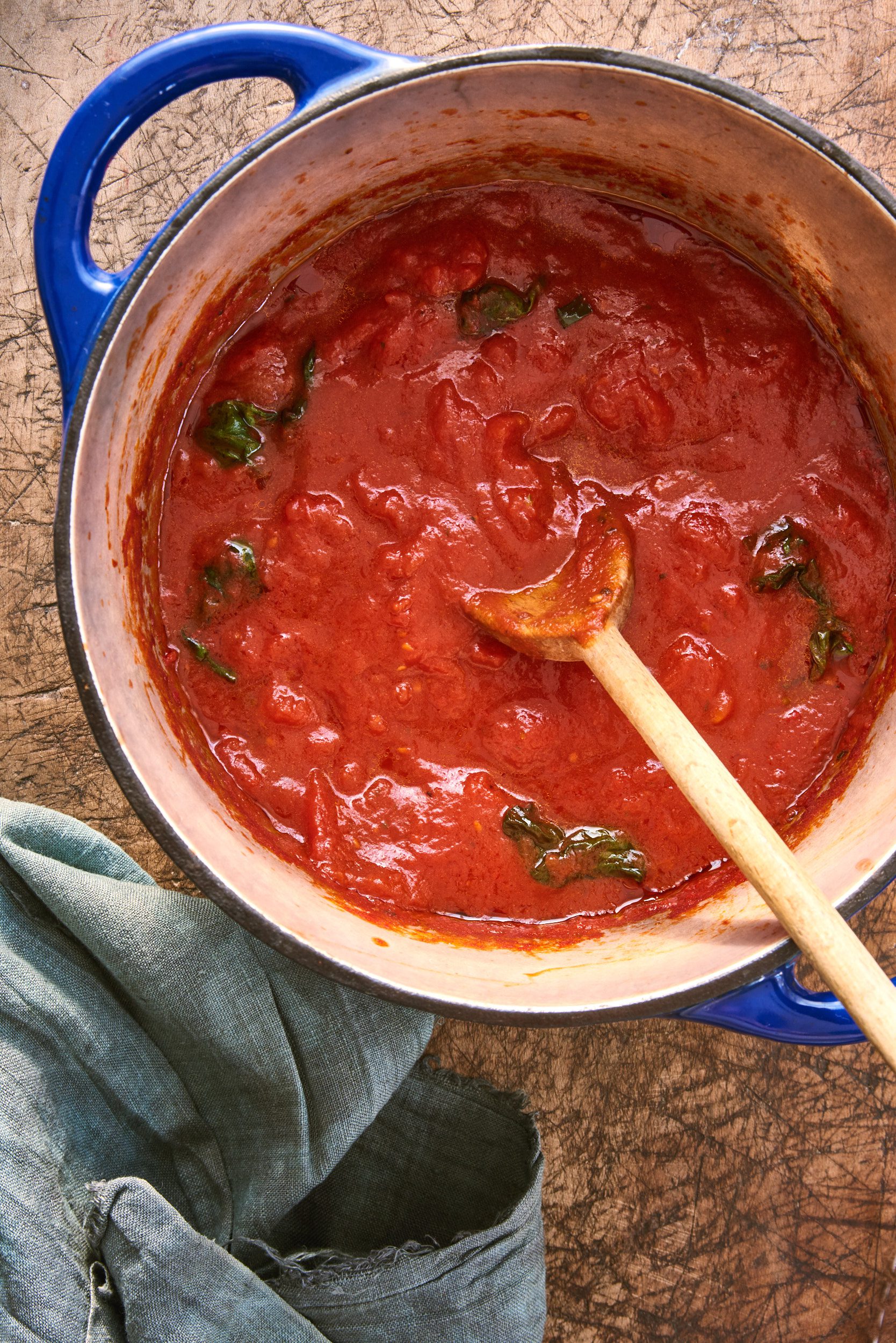 Italian tomato sauce in a large Dutch oven pot.