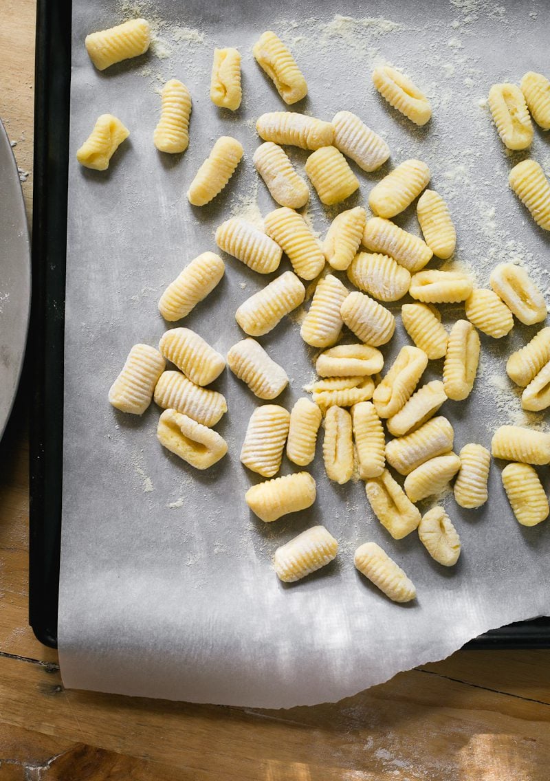 Tray of fresh homemade potato gnocchi.