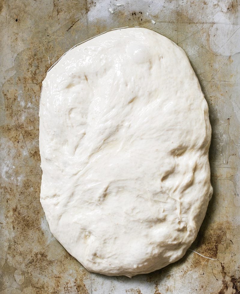 Sourdough focaccia dough resting on an oiled sheetpan