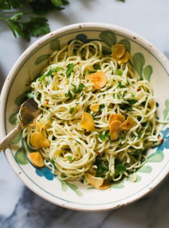 Pasta Aglio e Olio with Garlic Chips