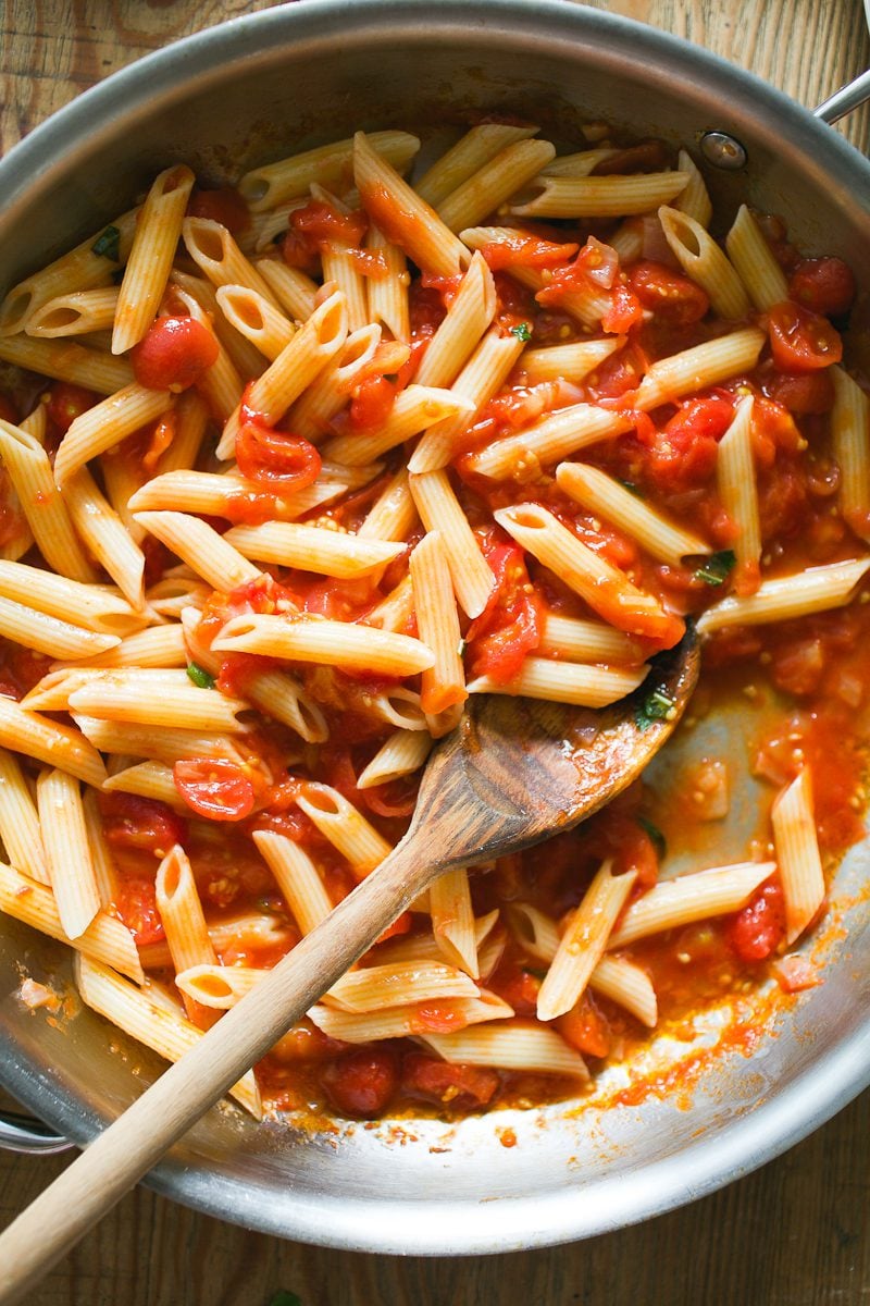 Penne pasta pomodoro in a pan.