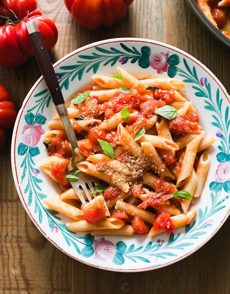 Pasta al pomodoro with sourdough breadcrumbs and basil