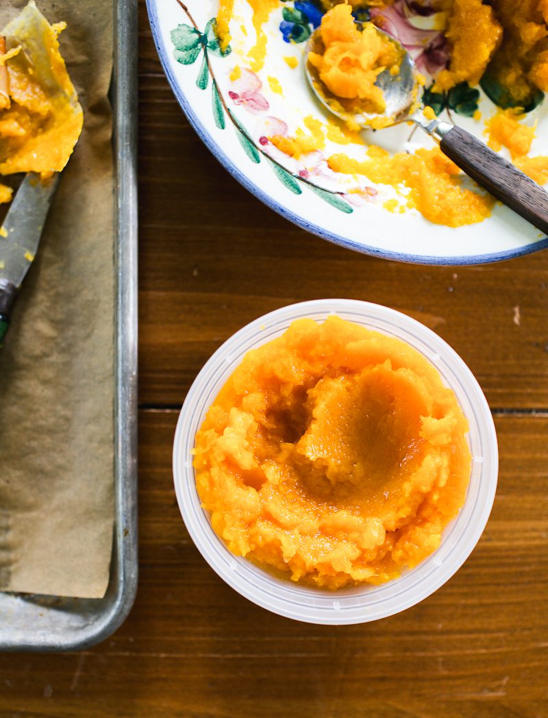 Roasted butternut squash puree in a container