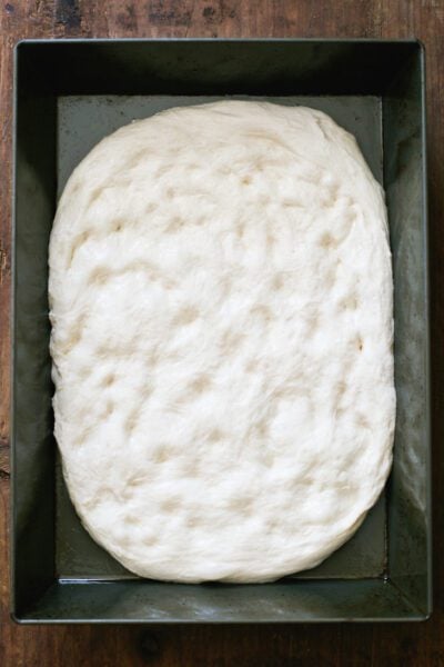 Sourdough pizza dough in a non-stick baking pan
