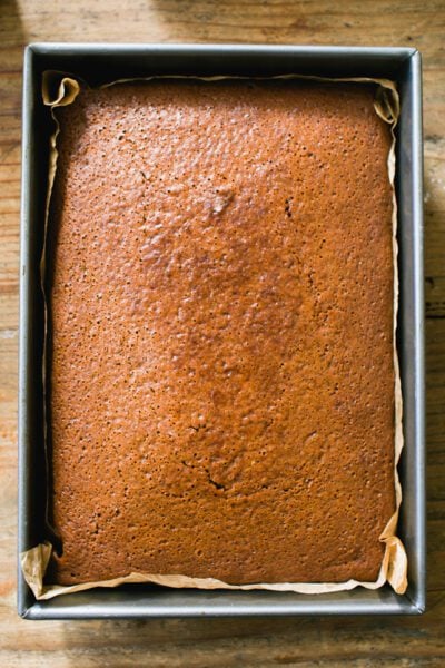 Baked sourdough gingerbread cake in a baking pan