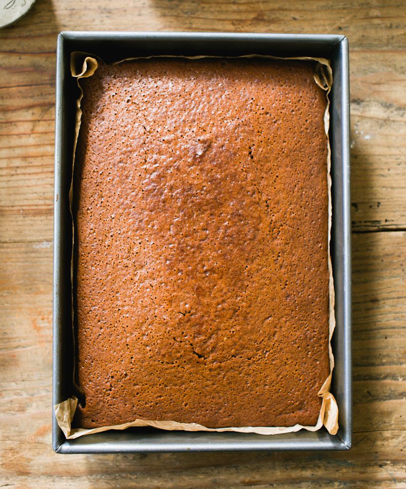 Baked sourdough gingerbread cake in a baking pan