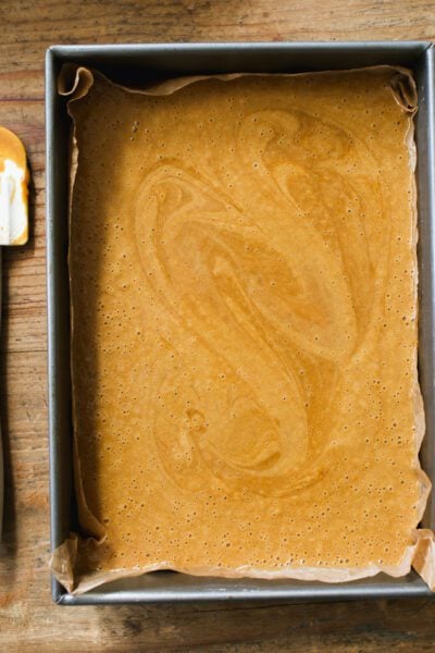 Gingerbread batter in a baking pan