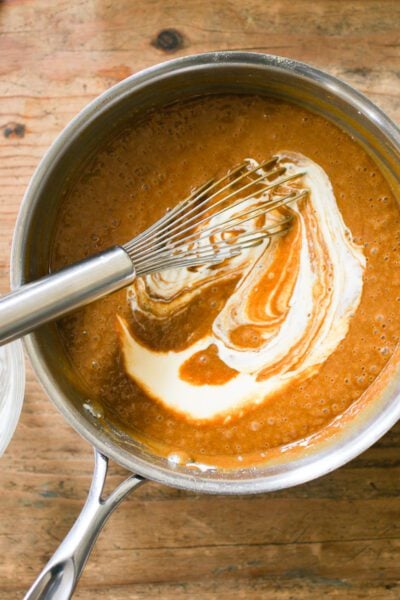 Swirled sour cream mixture into sourdough gingerbread batter