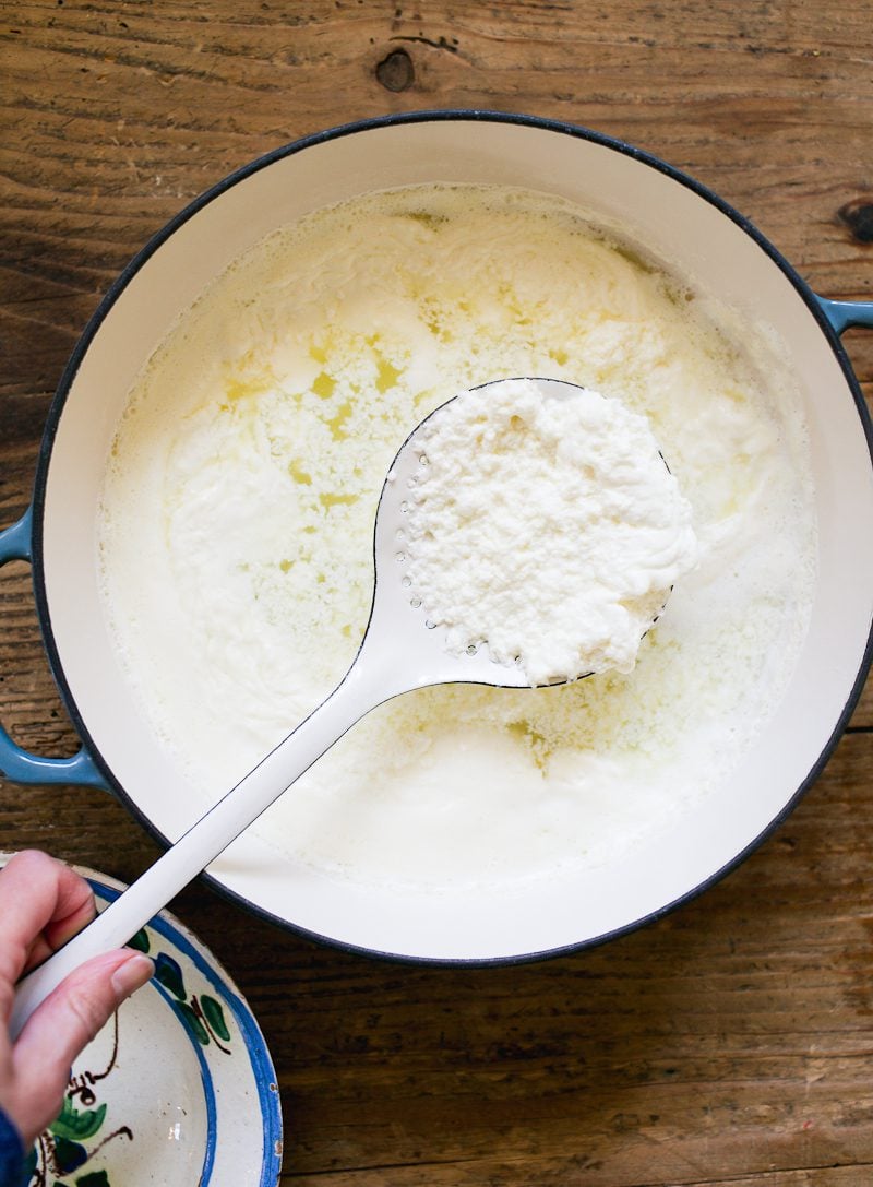 Ricotta curds on a slotted spoon